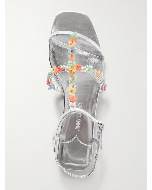 Jimmy Choo White Gwyn Bead-Embellished Metallic Leather Sandals