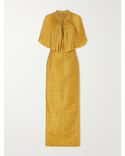Marmar Halim Yellow Cape-Effect Plissé Satin Gown