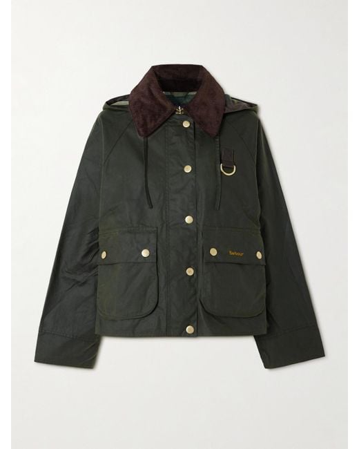 Barbour Black Reighton Hooded Corduroy-Trimmed Waxed-Cotton Jacket
