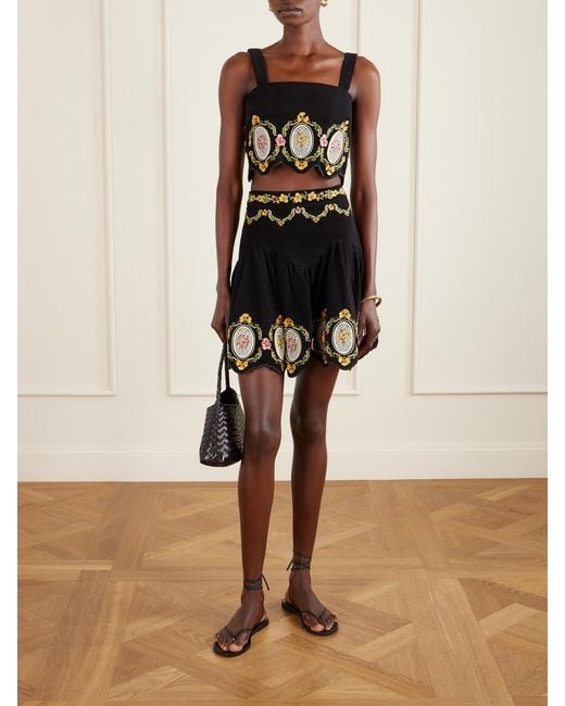Agua Bendita Black Asai Cordillera Scalloped Embroidered Cotton-Blend Velvet Mini Skirt
