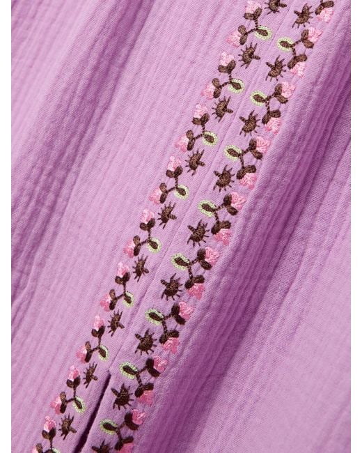 Saloni Purple Jamie Tie-Detailed Embroidered Cotton-Seersucker Midi Dress