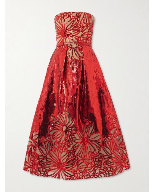 Elie Saab Belted Strapless Pleated Embroidered Sequined Tulle Midi Dress