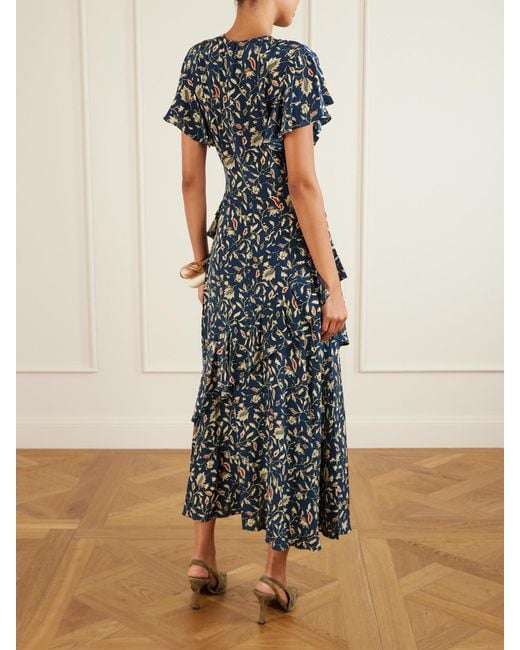 Ulla Johnson Blue Amaia Ruffled Printed Silk Crepe De Chine Midi Dress