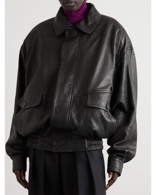 Saint Laurent Black Textured-Leather Bomber Jacket
