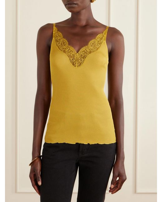 Saint Laurent Yellow Lace-Trimmed Ribbed Silk-Jersey Tank
