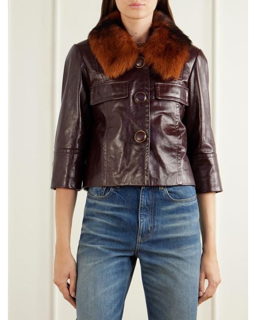 Chloé Brown Cropped Shearling-Trimmed Leather Jacket