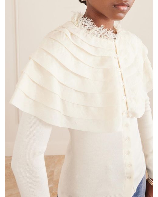 Sea Natural Wanda Ruffled Lace And Brocade-Trimmed Wool Cardigan