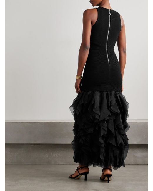 Aje. Black Elations Ribbed-Knit And Ruffled Organza Maxi Dress