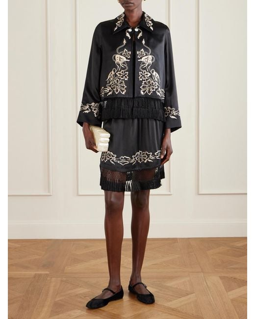 Bode Black Phantasm Fringed Embroidered Silk-Satin Jacket