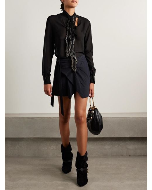 Isabel Marant Black Elaura Tie-Neck Bead-Embellished Silk-Chiffon Blouse