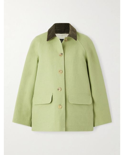 Loro Piana Green Broderick Corduroy-Trimmed Linen And Silk-Blend Coat