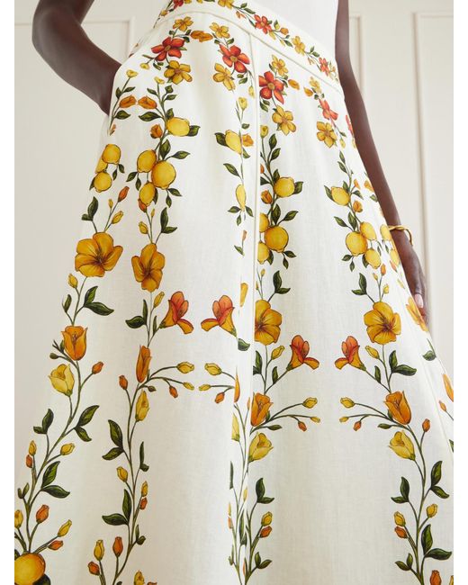 Farm Rio Metallic Lemon Bouquet Printed Linen-Blend Midi Skirt