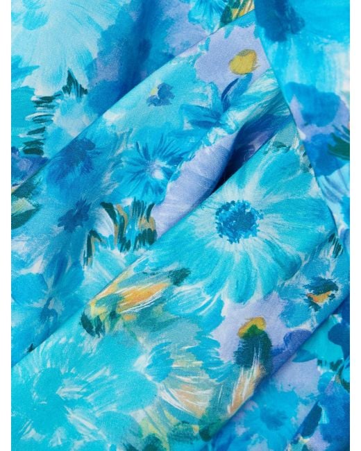 Chloé Blue Asymmetric Bow-Detailed Draped Gathered Floral-Print Cotton Mini Dress