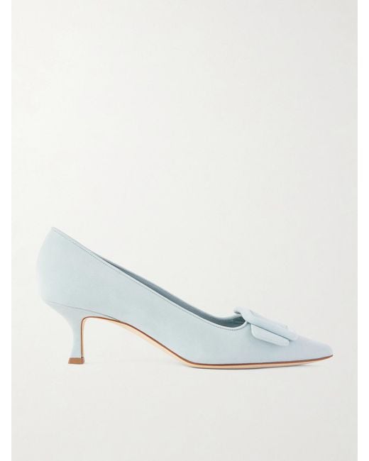 Manolo Blahnik White Maysale 50 Buckled Suede Pumps