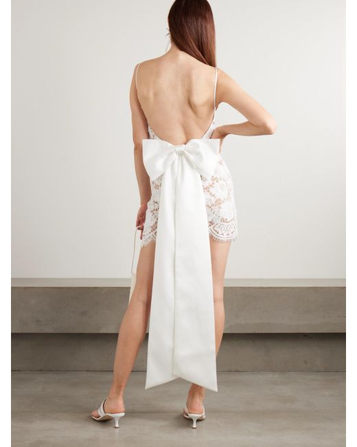 Self-Portrait White Open-Back Satin-Trimmed Lace Mini Dress