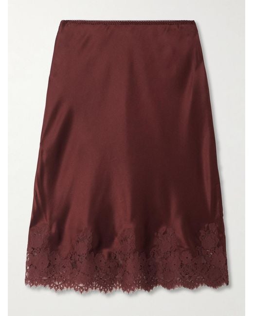 Doen Purple Elowette Lace-Trimmed Silk-Satin Midi Skirt