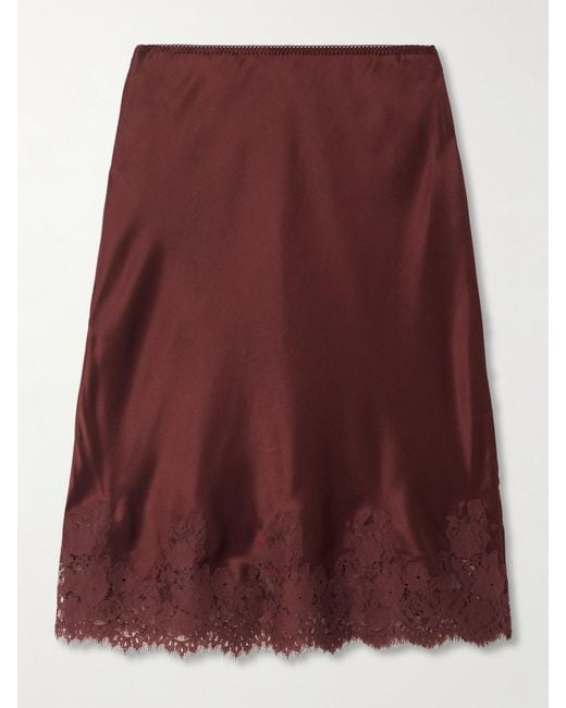 Doen Purple Elowette Lace-Trimmed Silk-Satin Midi Skirt
