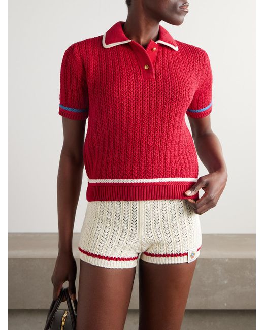 Bally Striped Open-Knit Cotton Polo Shirt in Red | Lyst