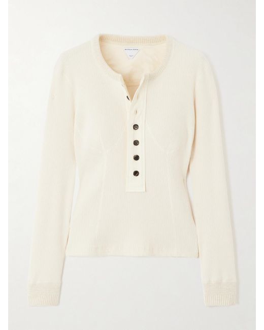 Bottega Veneta Natural Ribbed Stretch-Cotton Henley Top