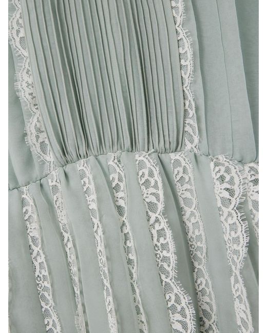 Valentino Garavani Blue Ruffled Lace-Trimmed Pleated Silk-Chiffon Gown