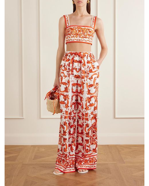 Dolce & Gabbana White Printed Silk-Twill Wide-Leg Pants