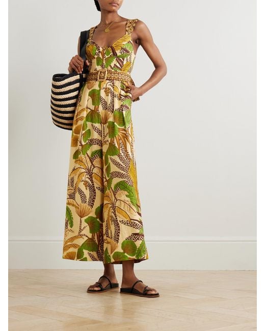 Farm Rio Metallic Belted Shirred Printed Linen-Blend Jumpsuit