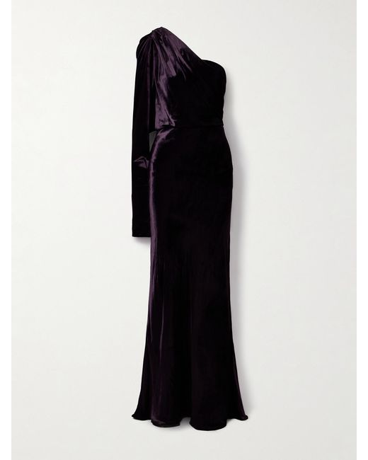 Zimmermann Black Illustration One-Sleeve Draped Velvet Maxi Dress