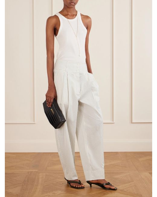 Totême White Pleated Striped Cotton And Silk-Blend Straight-Leg Pants