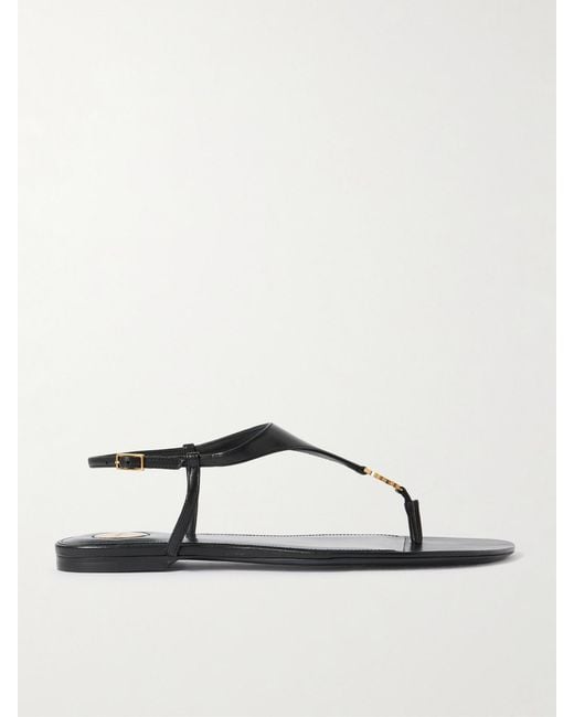 Saint Laurent Black Cassandre Logo-Embellished Leather Slingback Sandals