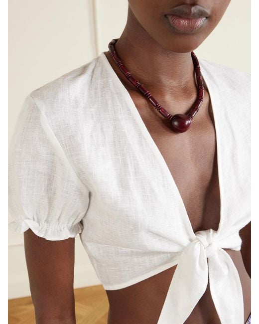 Emporio Sirenuse White Poppy Knotted Linen Cropped Top