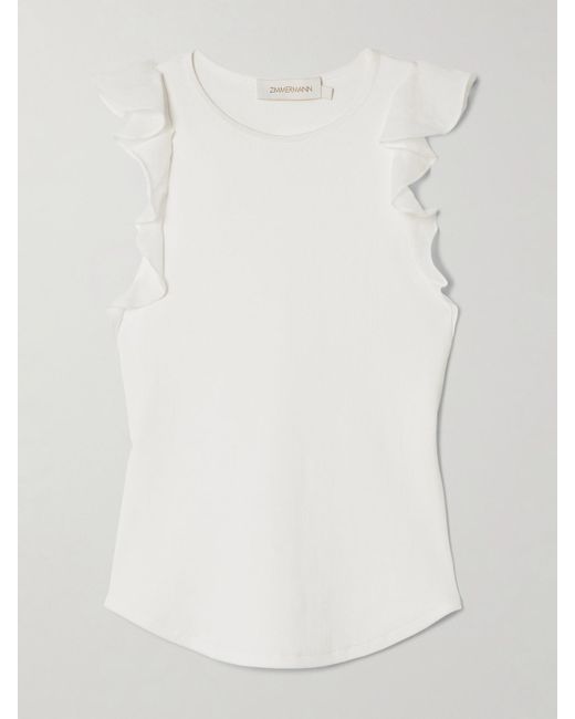 Zimmermann White Awaken Ruffled Ribbed Cotton-Blend Jersey Tank