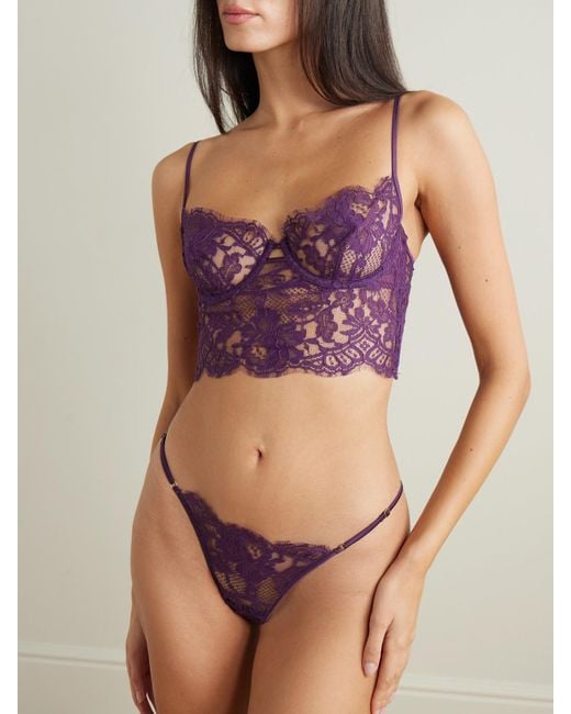 Kiki de Montparnasse Purple Camille Stretch-Silk Satin-Trimmed Organic Cotton-Blend Lace Underwired Bra