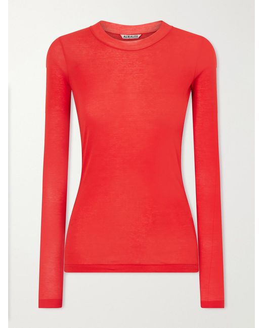 Auralee Red Ribbed Cotton-Jersey T-Shirt