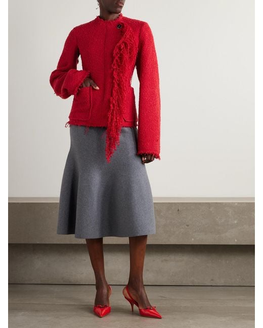 Lanvin Red Fringed Wool-Blend Bouclè Jacket