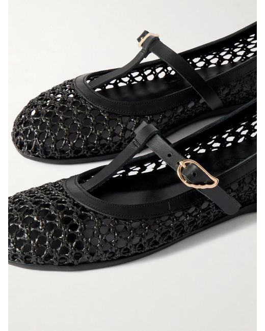 Ancient Greek Sandals Black Aerati Leather-Trimmed Woven Raffia Ballet Flats