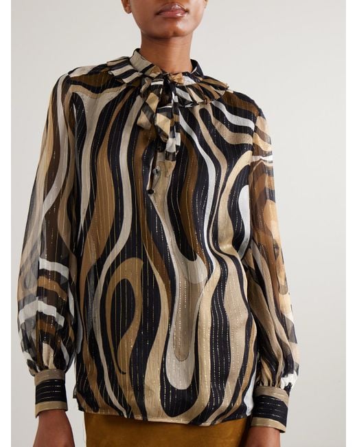 Emilio Pucci Ruffled Metallic Silk-Blend Crepon Pussy-Bow Blouse