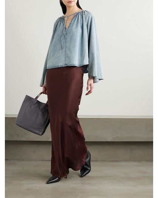 FRAME Blue Gathered Cotton And Linen-Blend Chambray Blouse