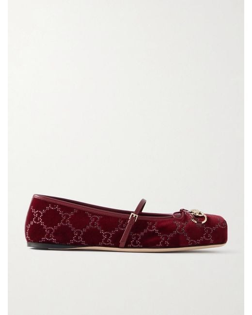 Gucci Red Horsebit Ballerina Leather-Trimmed Crystal-Embellished Velvet Flats