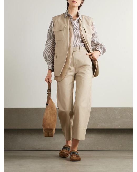 Brunello Cucinelli Natural Verkürzte Hose Mit Geradem Bein Aus Twill Aus Einer Baumwoll-Leinenmischung Mit Zierperlen