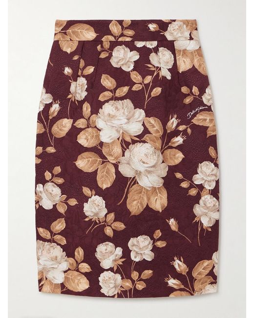 Dolce & Gabbana Brown Floral-Print Cotton-Blend Jacquard Skirt