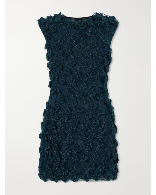 PAULINE DUJANCOURT Blue Amber Layered Floral-Appliquéd Crochet And Organza Mini Dress
