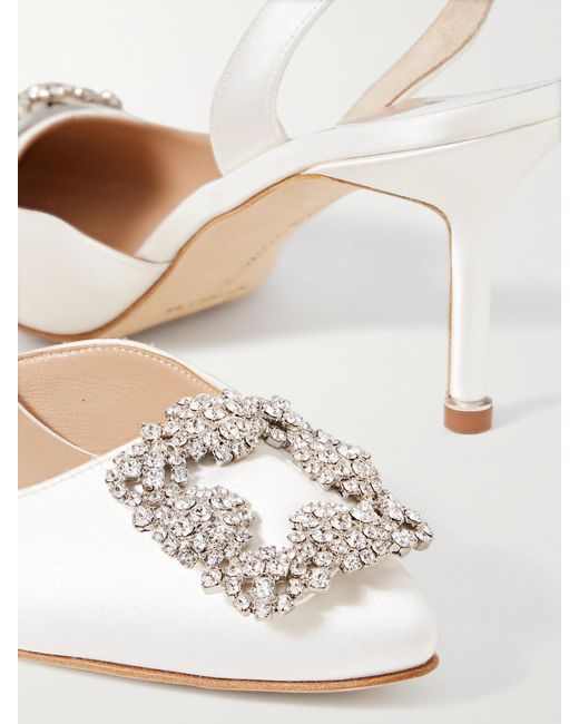 Manolo Blahnik Natural Hangisli 70 Crystal-Embellished Satin Slingback Pumps