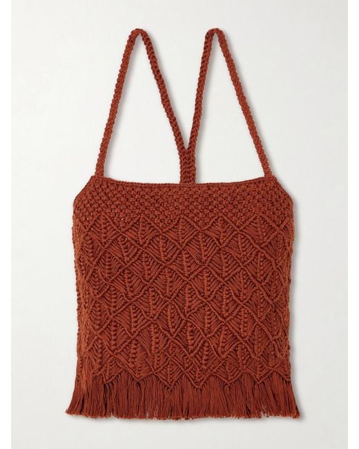 Escvdo Red Cantor Fringed Macramè Cotton Top