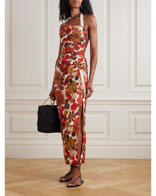 Sir Castella Tie-Detailed Gathered Floral-Print Linen Halterneck Midi Dress