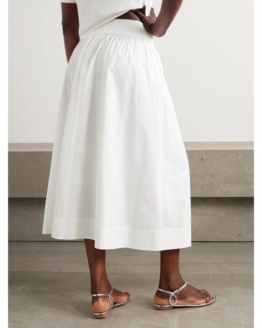 Tory Burch White Gathered Cotton-Blend Poplin Midi Skirt