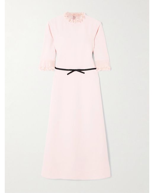 Valentino Garavani Pink Belted Plissé Chiffon-Trimmed Crepe Midi Dress