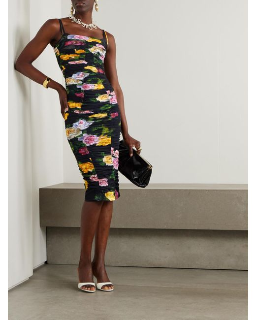 Dolce & Gabbana White Paneled Ruched Floral-Print Tulle Dress