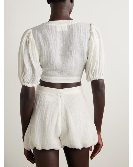 Lisa Marie Fernandez White Cropped Tie-Front Linen-Blend Gauze Top