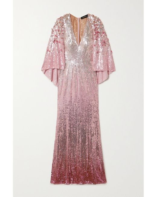 Jenny Packham Cape-effect Embellished Ombré Sequined Tulle Gown in Pink ...