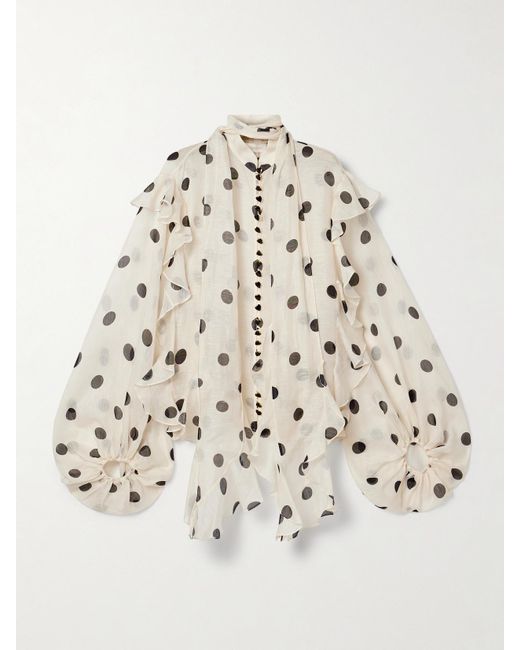 Zimmermann Natural Crush Ruffled Polka-Dot Linen And Silk-Blend Organza Blouse